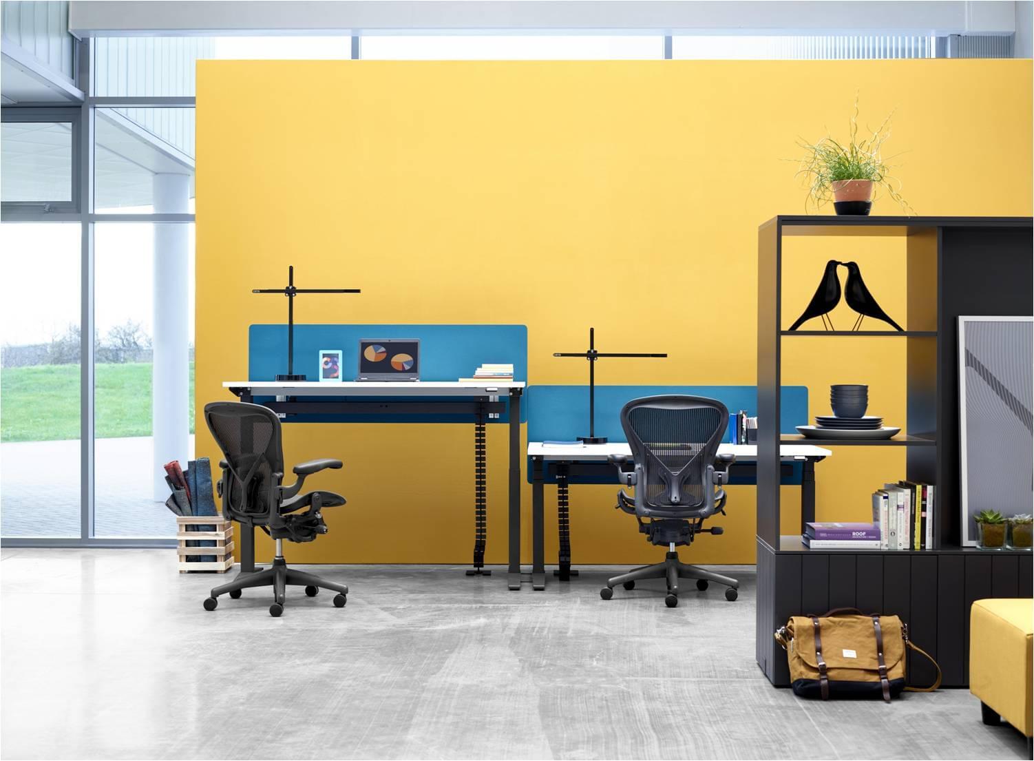 office space with two black chairs and two sit stand desks
