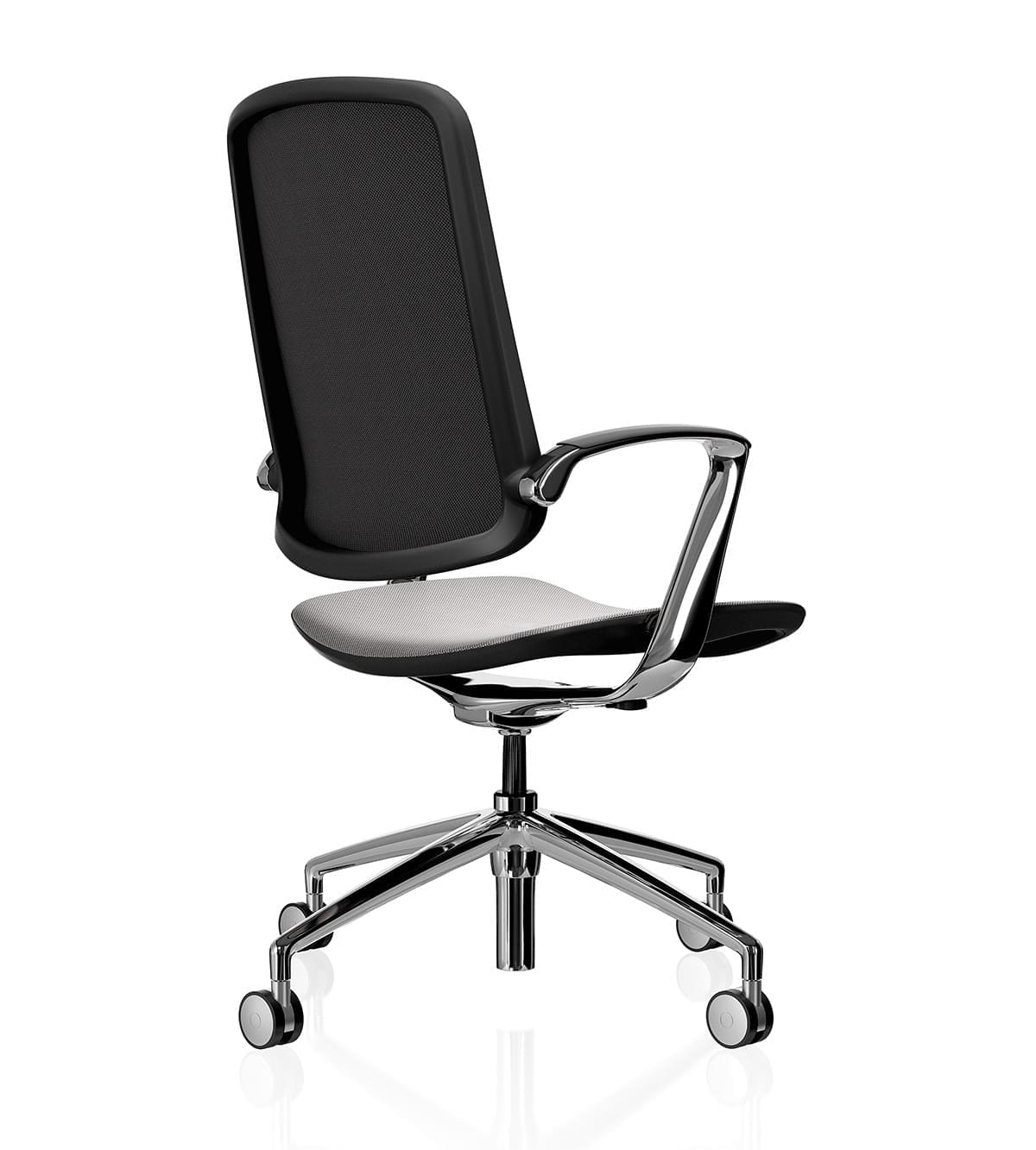 Trinetic Mesh Chair- Black frame polished 4 star base with silver castors