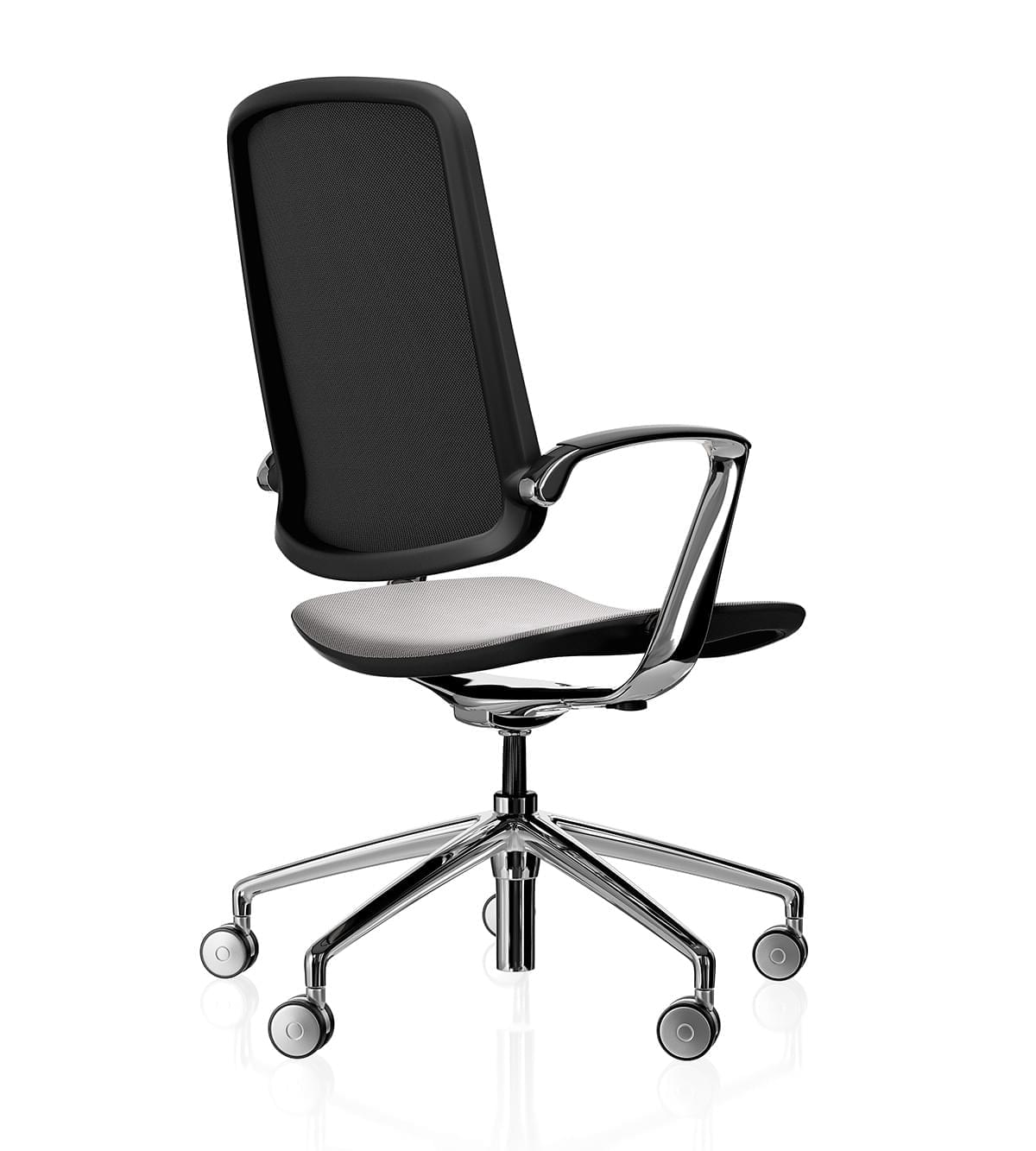 Trinetic Mesh Chair- Black frame polished 5 star base with silver castors