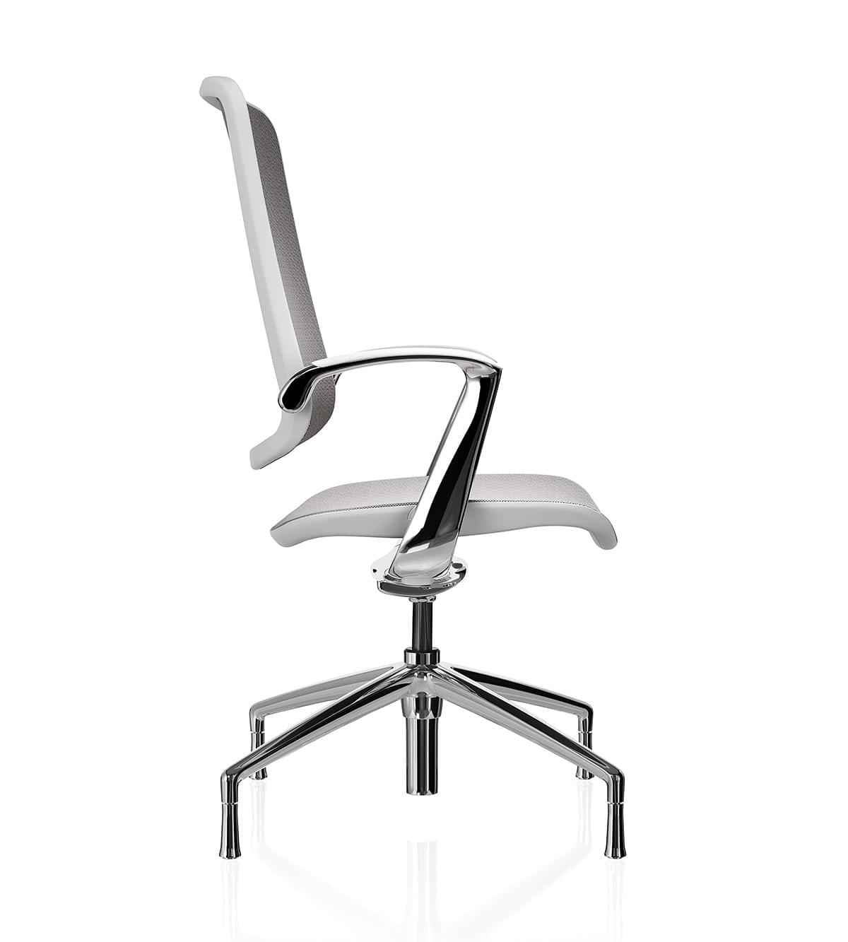 Trinetic Mesh Chair - White frame polished 4 star base with glides side