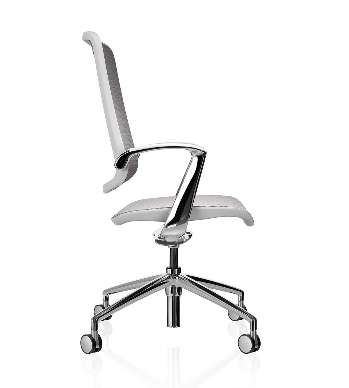 Trinetic Mesh Chair- White frame polished 4 start base with castors- side