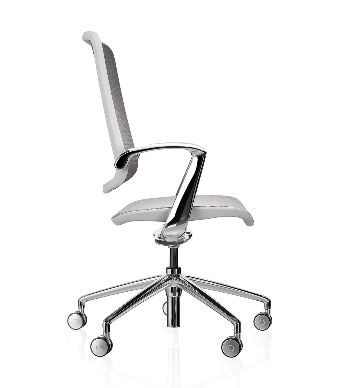 Trinetic Mesh Chair -White frame polished 5 star base with castors- side