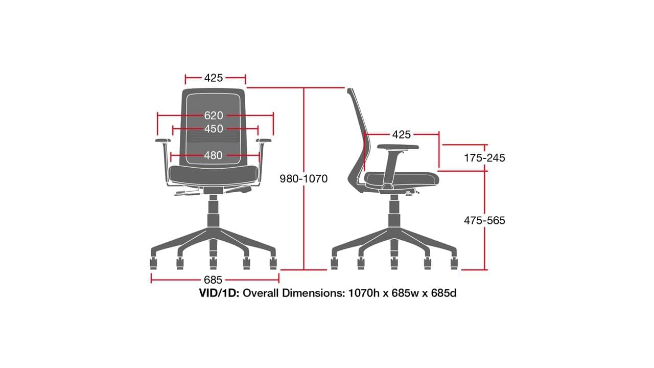 Dimensions of the Elite Vida Mesh Chair with 1D Arms